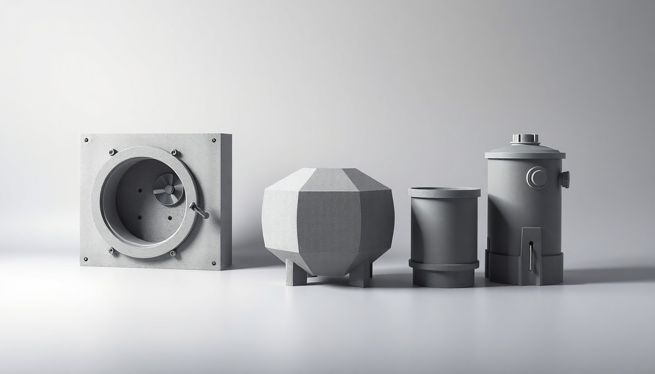 A high-end, photorealistic studio still-life photograph featuring a polished, geometric precast concrete vault, grease interceptor, and oil-water separator arranged elegantly on a clean, monochromatic background, conceptually representing the abstract concepts of fluid management and underground utility protection.