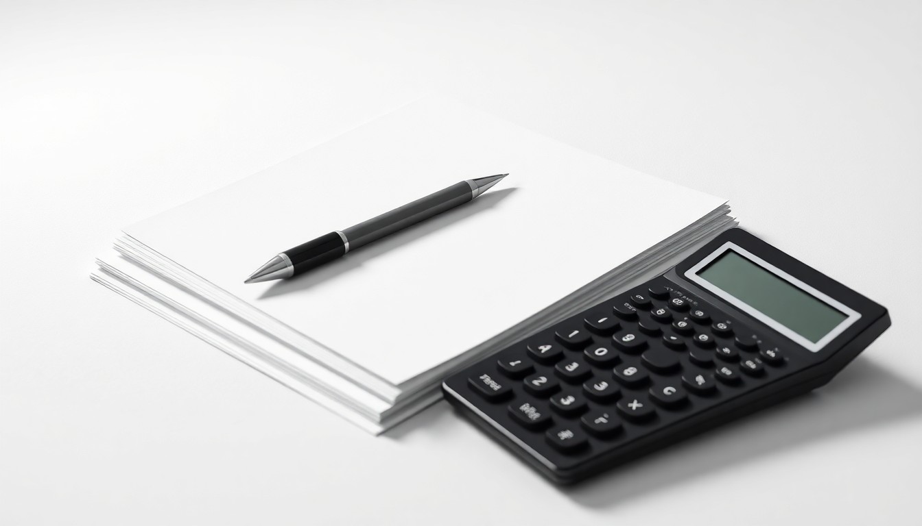 A photorealistic studio still life featuring a stack of legal documents, a pen, and a calculator arranged on a clean white background, conveying the abstract concepts of corporate strategy, finance, and risk.
