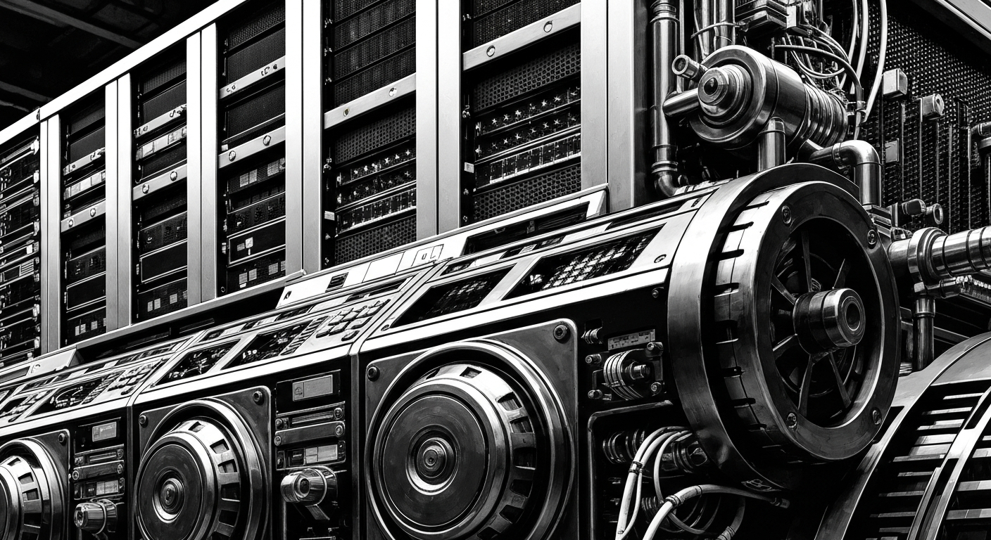 A high-contrast, cinematic close-up of complex financial machinery and equipment, representing the technical and institutional nature of Hercules Capital's business operations.