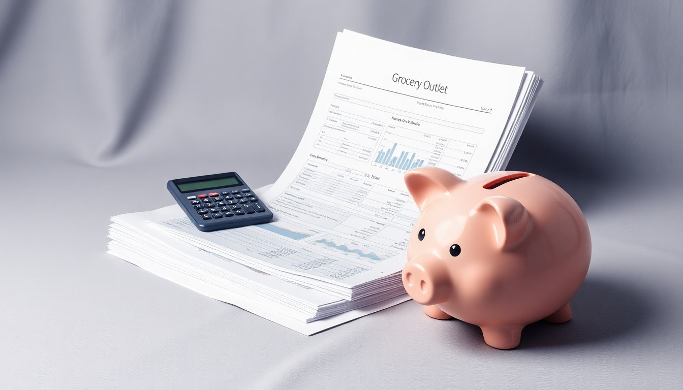 A photorealistic studio still life featuring a stack of financial reports, a calculator, and a cracked piggy bank on a clean, monochromatic background, symbolizing the corporate strategy and financial risks associated with Grocery Outlet's rapid growth and restructuring.