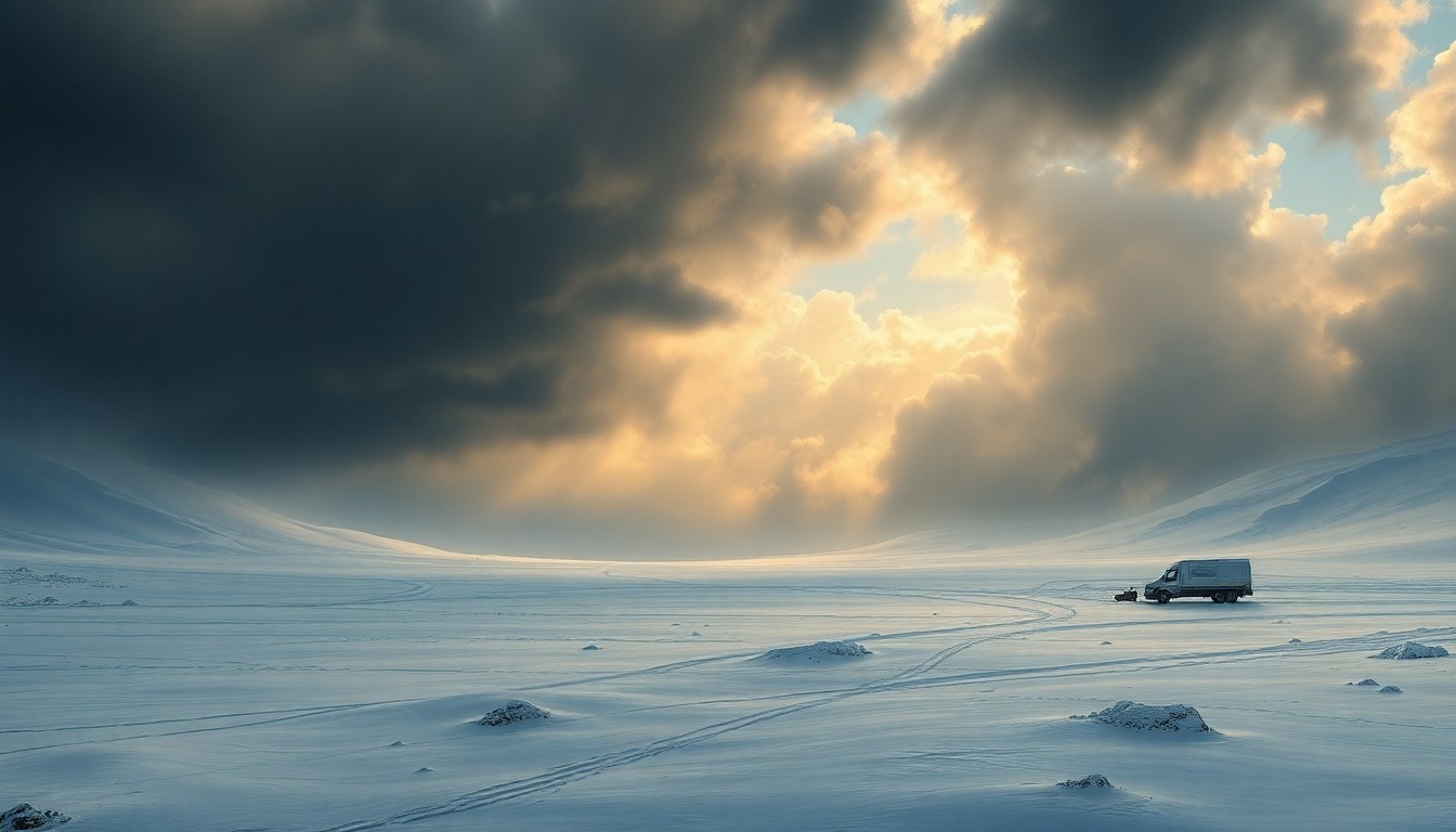 A sweeping, atmospheric landscape painting in muted tones of gray, white, and blue, depicting a vast, snow-covered expanse under a dramatic, cloudy sky. The scene conveys the overwhelming power and scale of a severe winter storm, with any physical structures or vehicles barely visible in the distance.