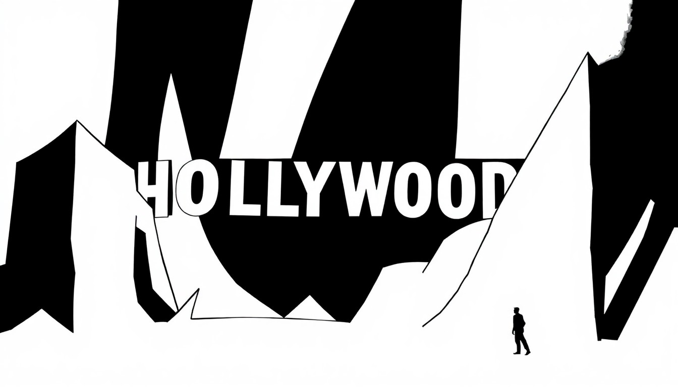 An extreme close-up of a shattered, abstract geometric shape in stark black and white, conceptually illustrating the downsizing and relocation of a major Hollywood production company.