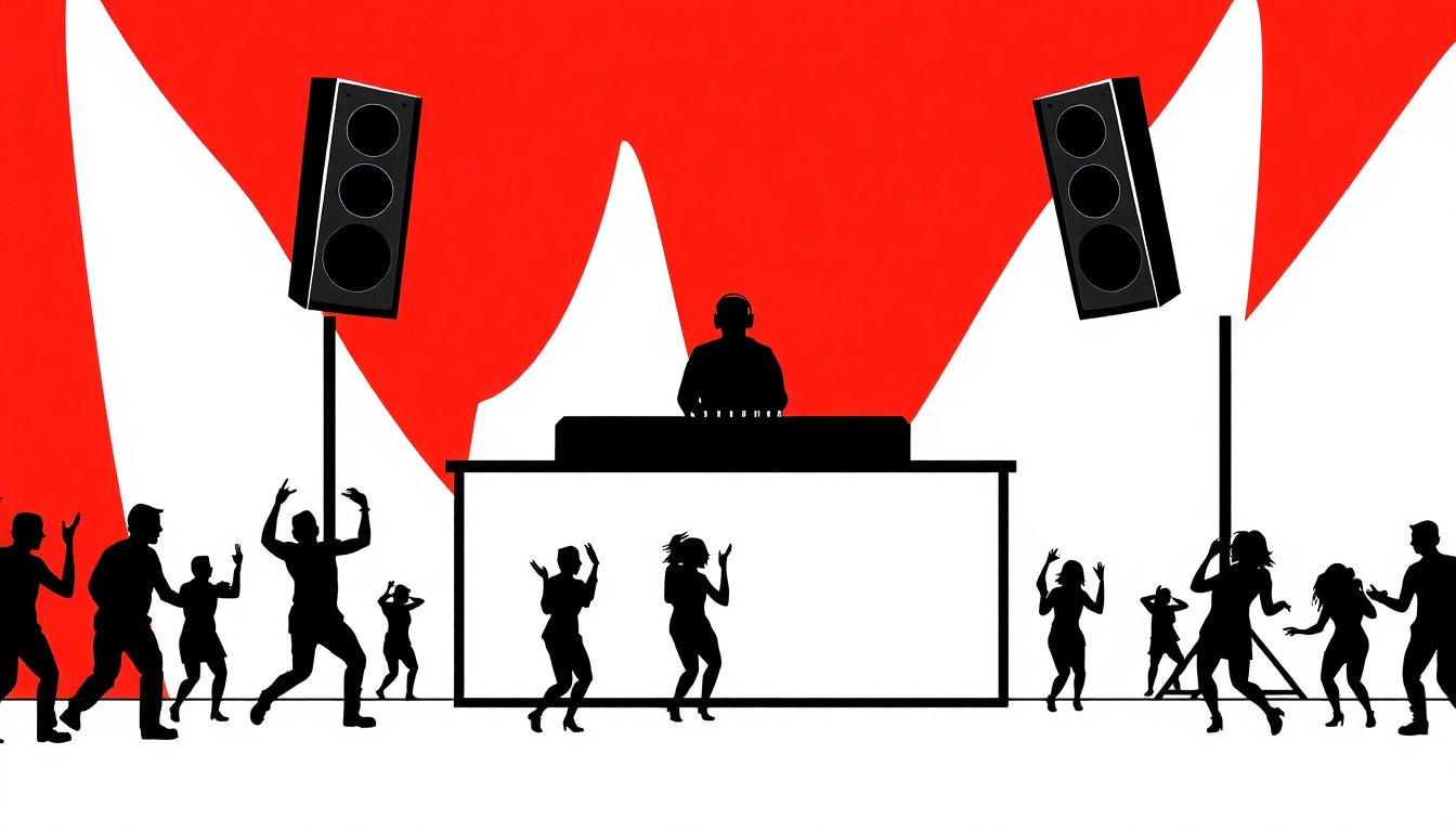 A striking, minimalist illustration featuring abstract black silhouettes of a DJ booth, speakers, and dancing figures against a bold red and white background, conceptually representing the energy and community spirit of the FEED THE BLOCK event.