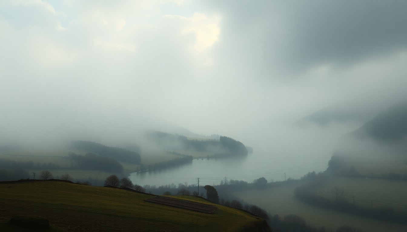A sweeping, atmospheric landscape painting in muted tones of gray, blue, and green, depicting a flooded rural valley shrouded in heavy fog. The scene conveys a sense of the overwhelming, sublime power of nature, with any physical structures or objects barely visible and dwarfed by the presence of the floodwaters.