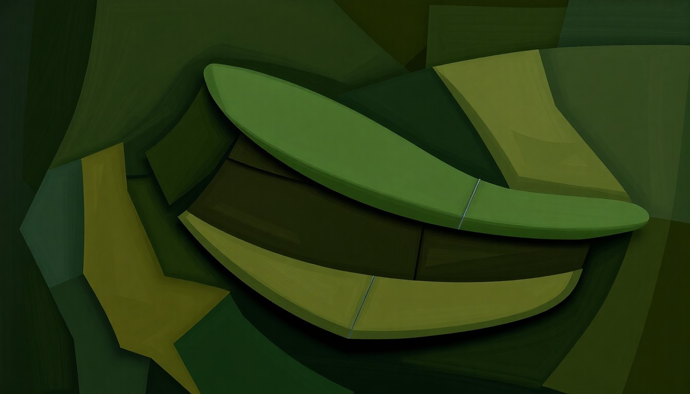 A fragmented, abstract painting of an Army uniform cap in overlapping geometric shapes and brushstrokes, conveying a sense of disruption and change within the military's leadership.