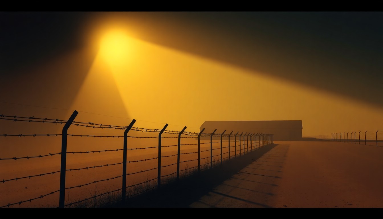 A photorealistic painting of a solitary barbed wire fence or detention camp building in warm, golden sunlight with deep shadows, conveying a sense of isolation and melancholy.