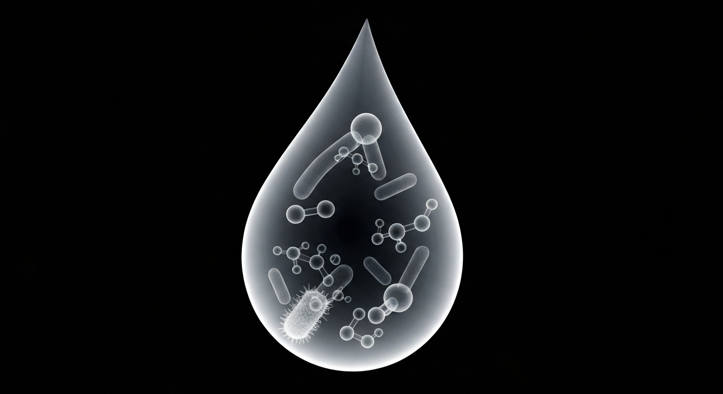 A translucent, ghostly x-ray image revealing the microscopic presence of microplastics and pharmaceutical residues within a single water droplet, conceptually illustrating the hidden threats in public water systems.