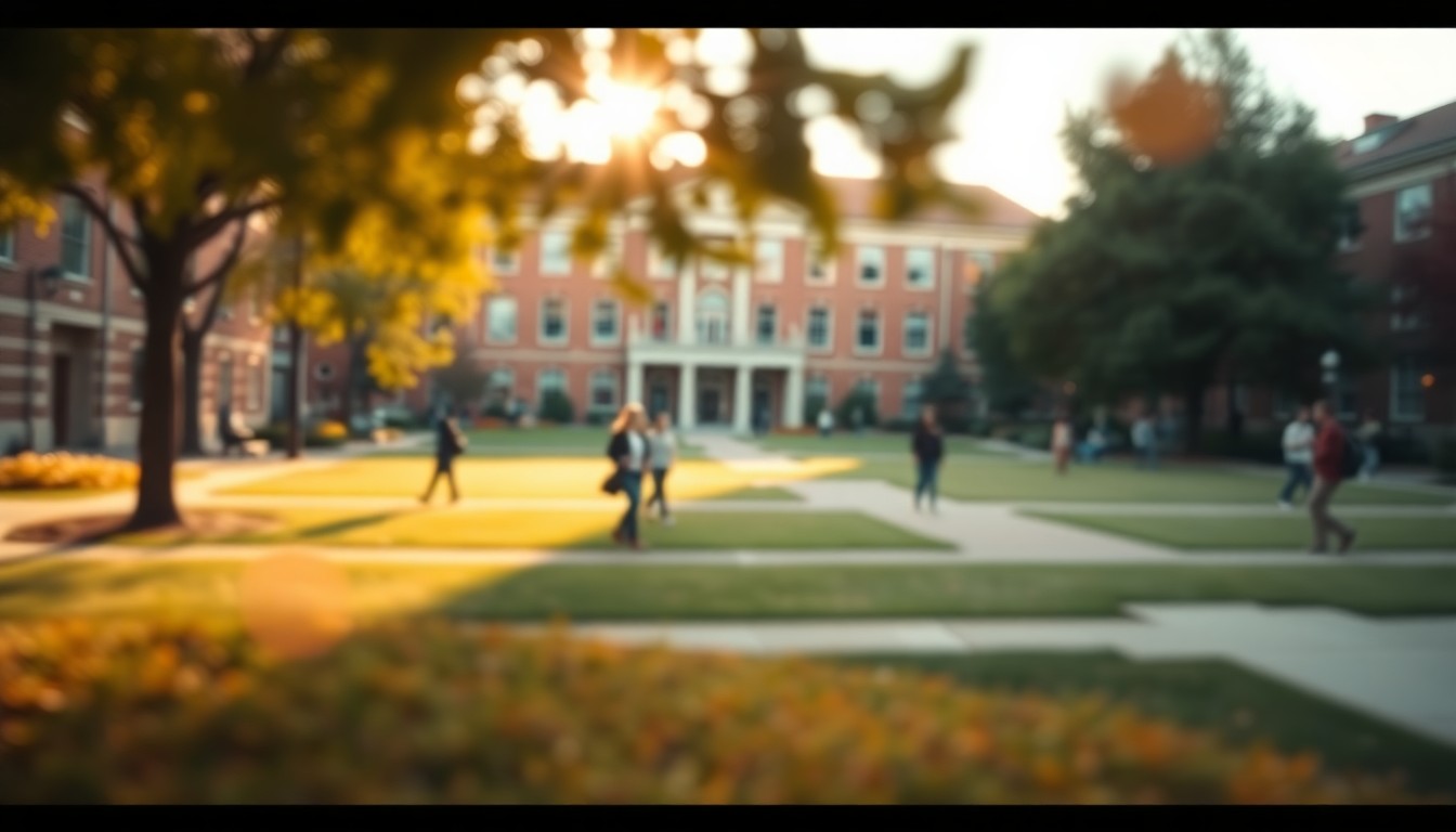 An abstract, impressionistic photograph of a university campus, with students walking through a hazy, out-of-focus scene bathed in warm, golden light, conveying a sense of transition and uncertainty.