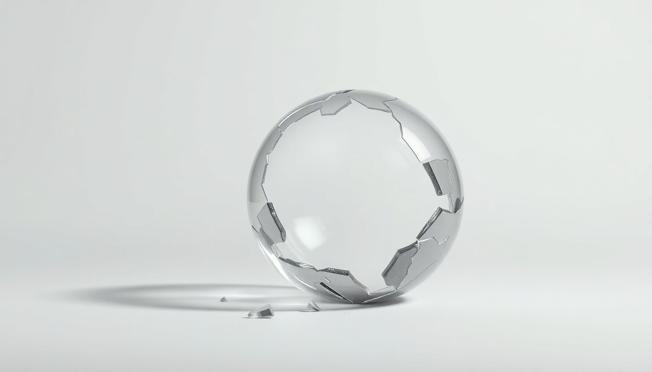 A photorealistic studio still-life image of a shattered glass orb on a clean, monochromatic background, symbolizing the collapse of Gemini Space Station's stock price following allegations of misleading investors.