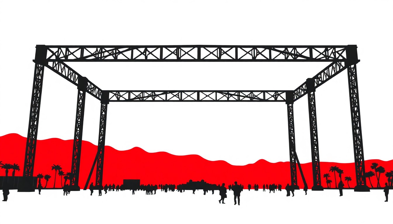 An abstract illustration featuring sharp, angular black silhouettes against a high-contrast red and white background, conceptually representing the steel frame of a large new structure being built on the Coachella festival grounds.