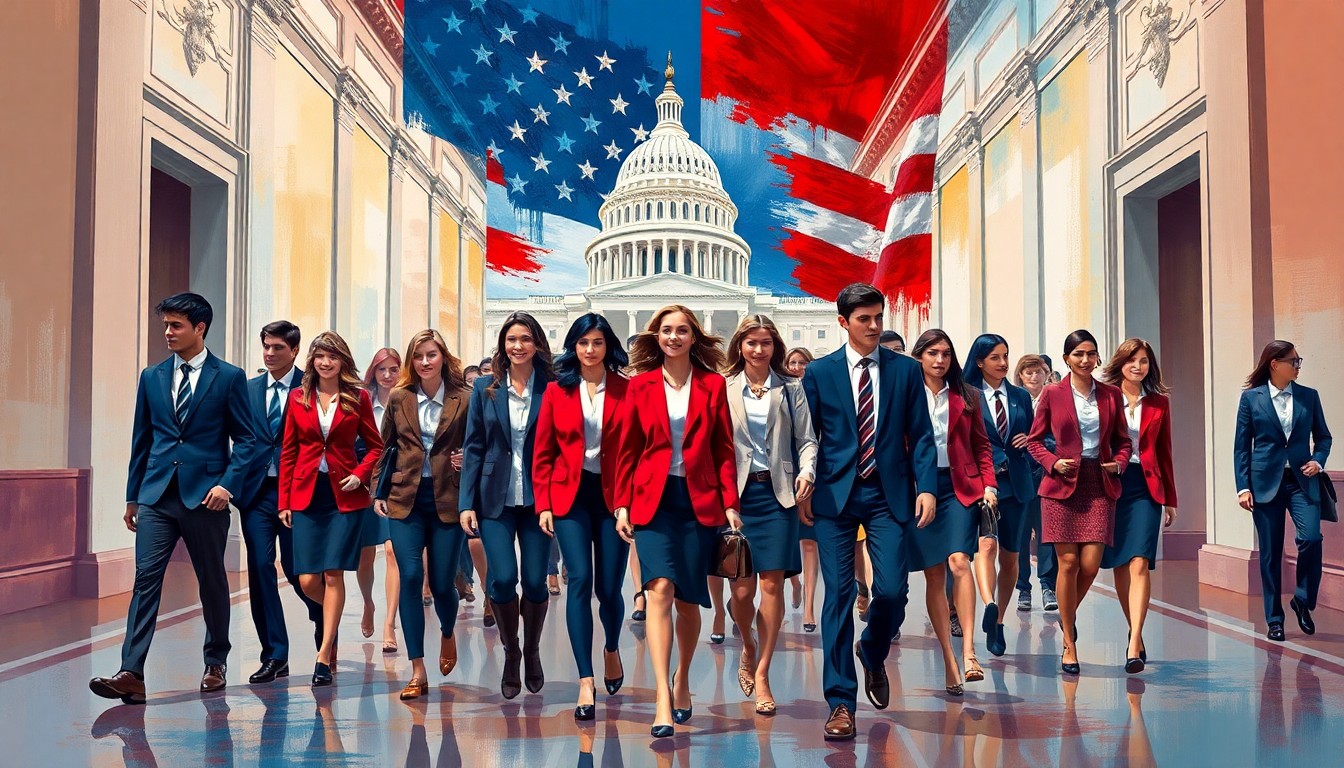 A dynamic, fractured painting depicting young people in business attire walking through the corridors of the U.S. Capitol building, representing the advocacy efforts of the FFA SpeakAg Pioneers. Vibrant colors of red, white, and blue create a sense of patriotic energy and civic engagement.