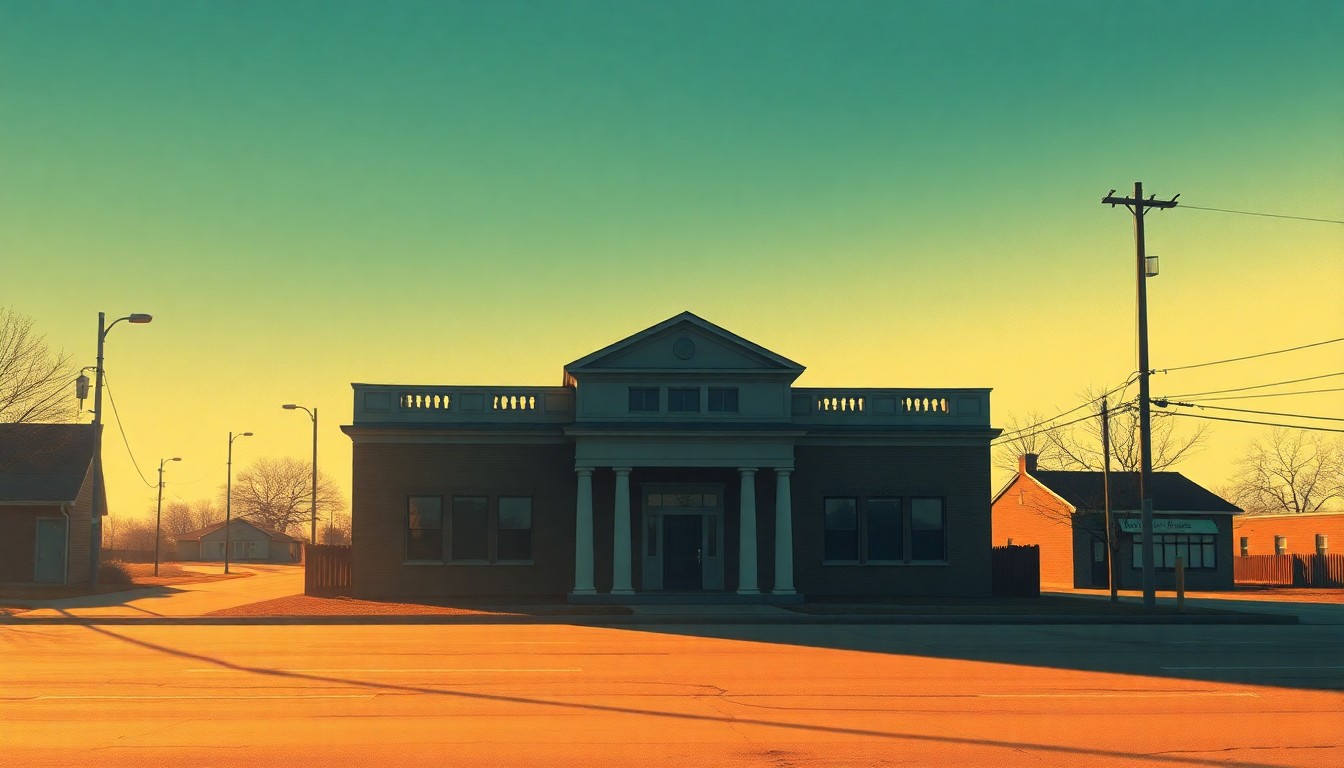 A dimly lit, cinematic painting of a nondescript government office building, its windows casting long shadows across the facade, conveying a sense of civic unease and governmental tension.