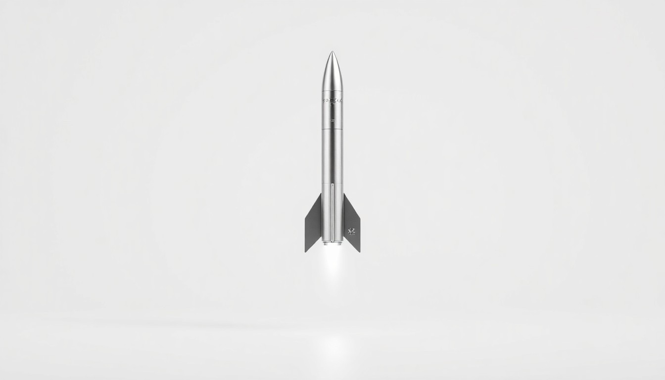 A photorealistic studio still-life image featuring a sleek, metallic model rocket floating on a clean, monochromatic background, symbolizing the innovative technology and engineering of SpaceX.