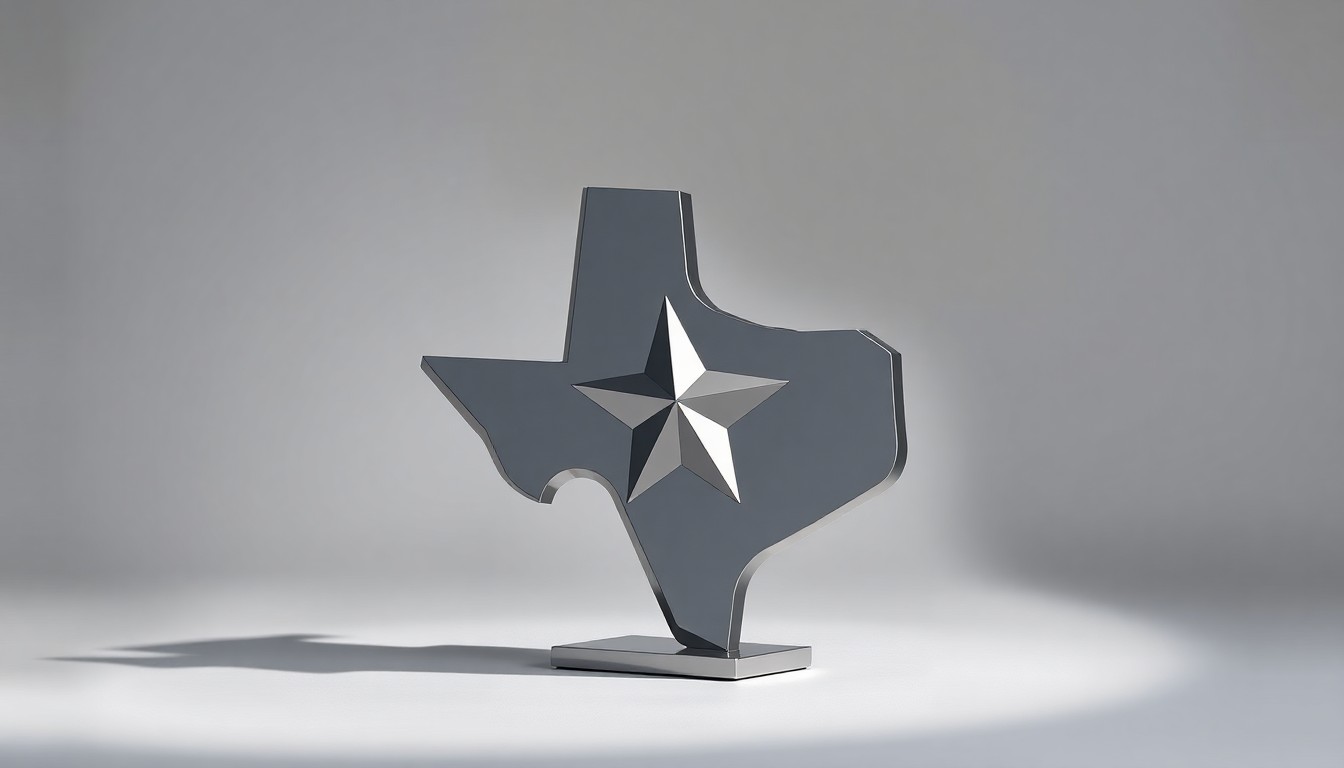 A highly polished, geometric metal sculpture in the shape of the Texas star, resting on a clean, monochromatic background and dramatically lit to conceptually represent the corporate strategy behind Weatherford's relocation.