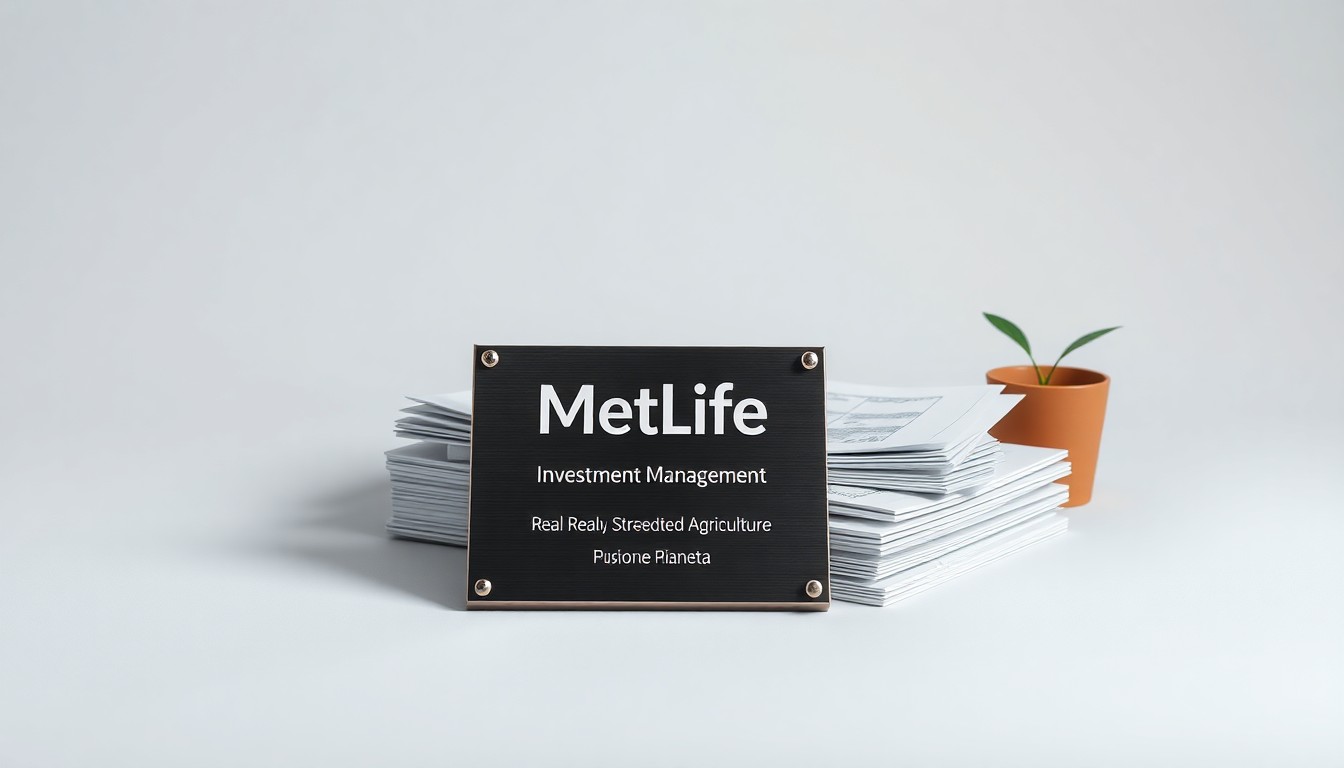 A minimalist studio still life photograph featuring a polished metal plaque, financial documents, and a small potted plant, conceptually representing the stability and sustainability of MetLife's alternative investments.