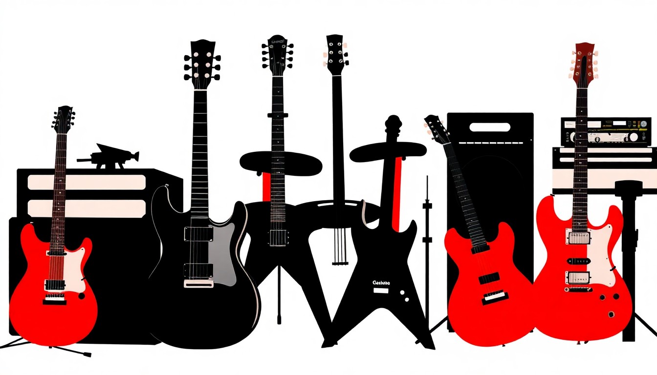An abstract, minimalist illustration featuring bold, jagged silhouettes of various music equipment and instruments in a high-contrast color palette, conceptually representing the new line of miniature music artist figurines.