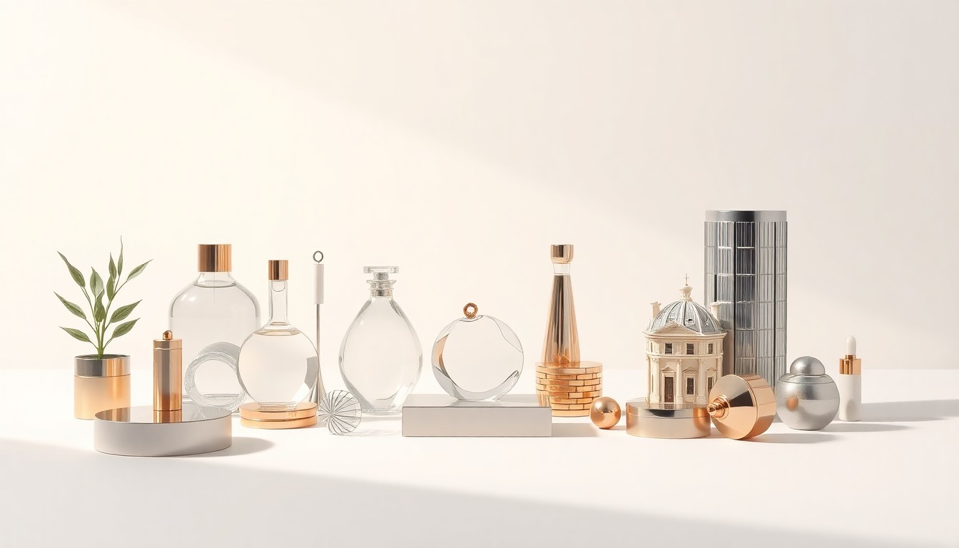 A high-end, photorealistic studio still-life photograph featuring a collection of premium, polished objects arranged elegantly on a clean, monochromatic seamless background, conceptually representing the abstract concepts of corporate strategy, finance, and real estate transactions.