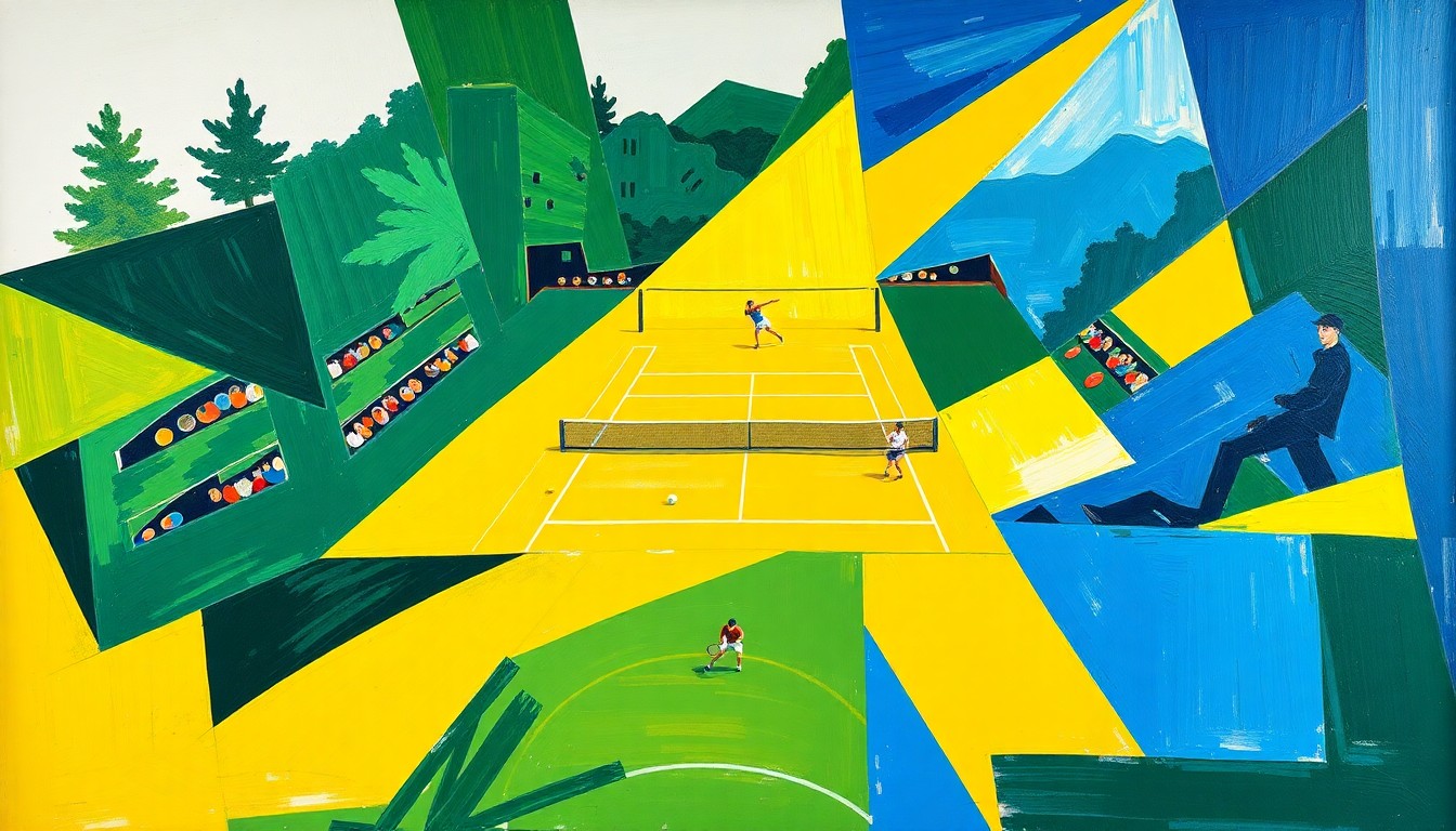 A fragmented, geometric painting in shades of green, yellow, and blue, capturing the energy and motion of a tennis match through an abstract, multi-angled perspective.