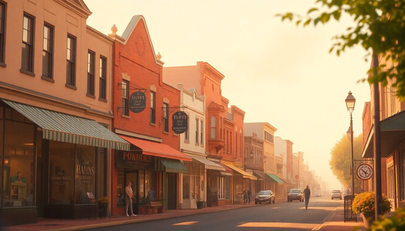 An abstract, out-of-focus photograph in soft, warm tones depicting a small-town main street with blurred storefronts, pedestrians, and natural elements, conceptually representing the community-focused nature of the Utah Wellbeing Project survey.