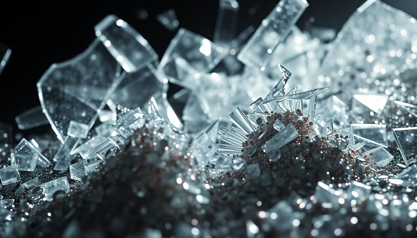 An extreme close-up of shattered glass and glittering sequins, captured in dramatic, high-contrast studio lighting to create a conceptual representation of the fragile and glamorous facade of a troubled relationship.