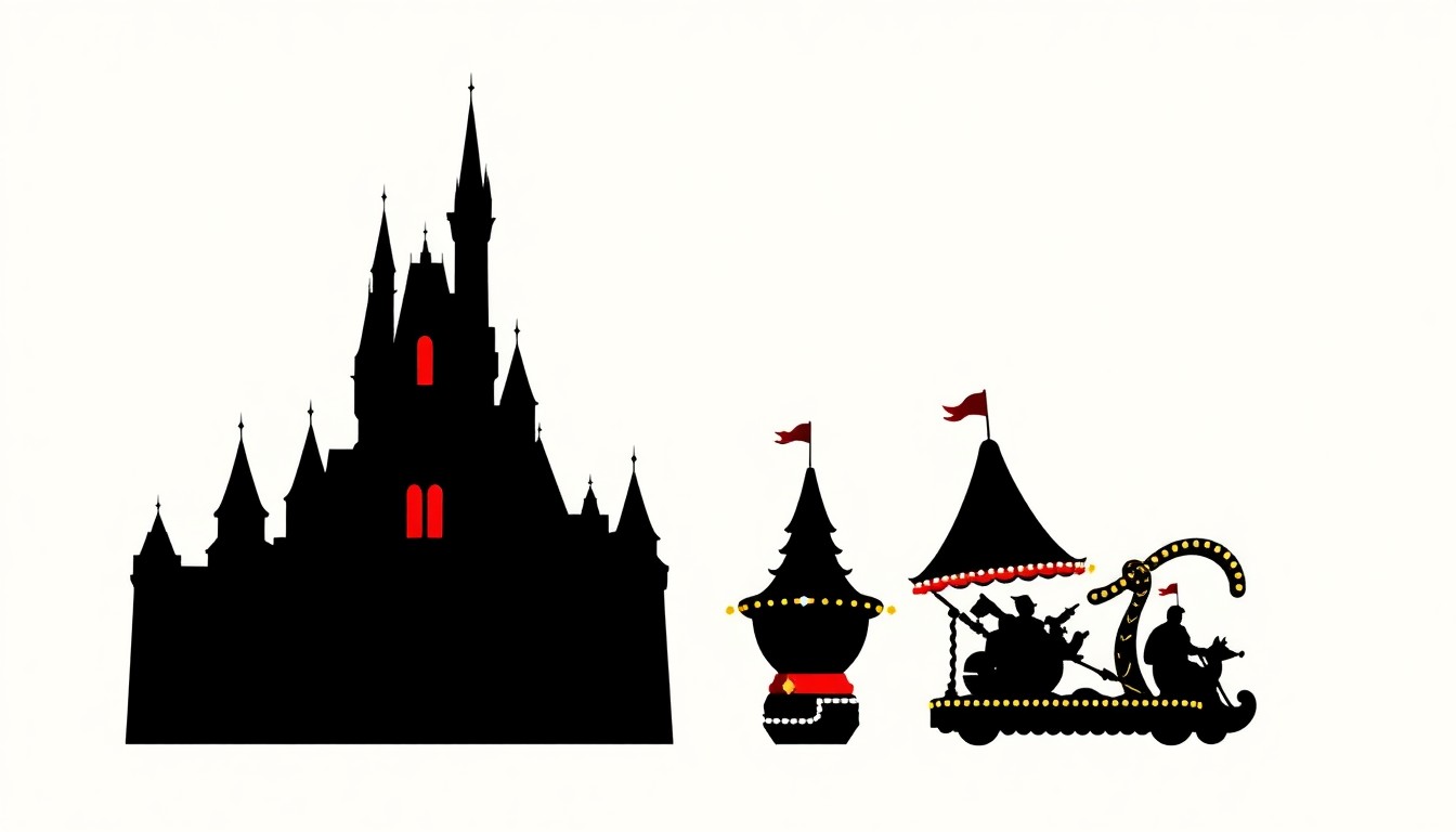 A striking abstract illustration featuring bold geometric shapes and silhouettes in high-contrast colors, conceptually representing the magic and excitement of Disneyland's nighttime entertainment.