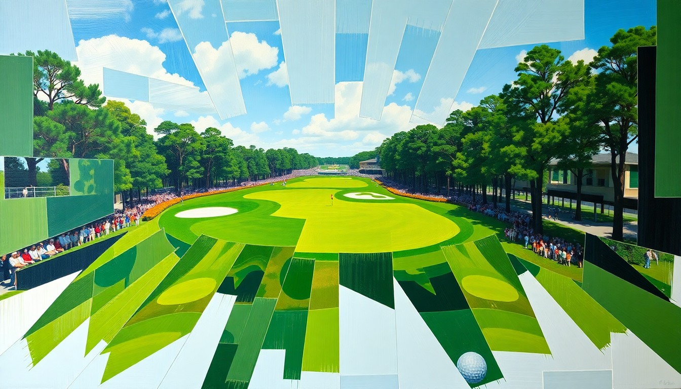 A fractured, cubist-style painting depicting the Augusta National golf course and Masters tournament through sharp, overlapping geometric shapes and planes, conveying the energy and drama of the event without any recognizable elements.