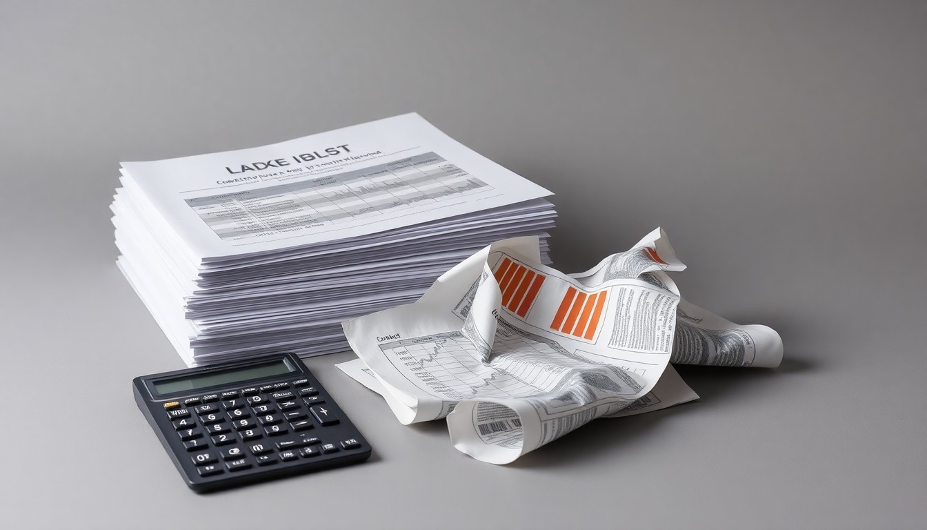 A photorealistic studio still-life featuring a stack of stock trading documents, a broken calculator, and a crumpled company earnings report, arranged elegantly on a clean, grey background to conceptually represent the financial impact of corporate misrepresentation.