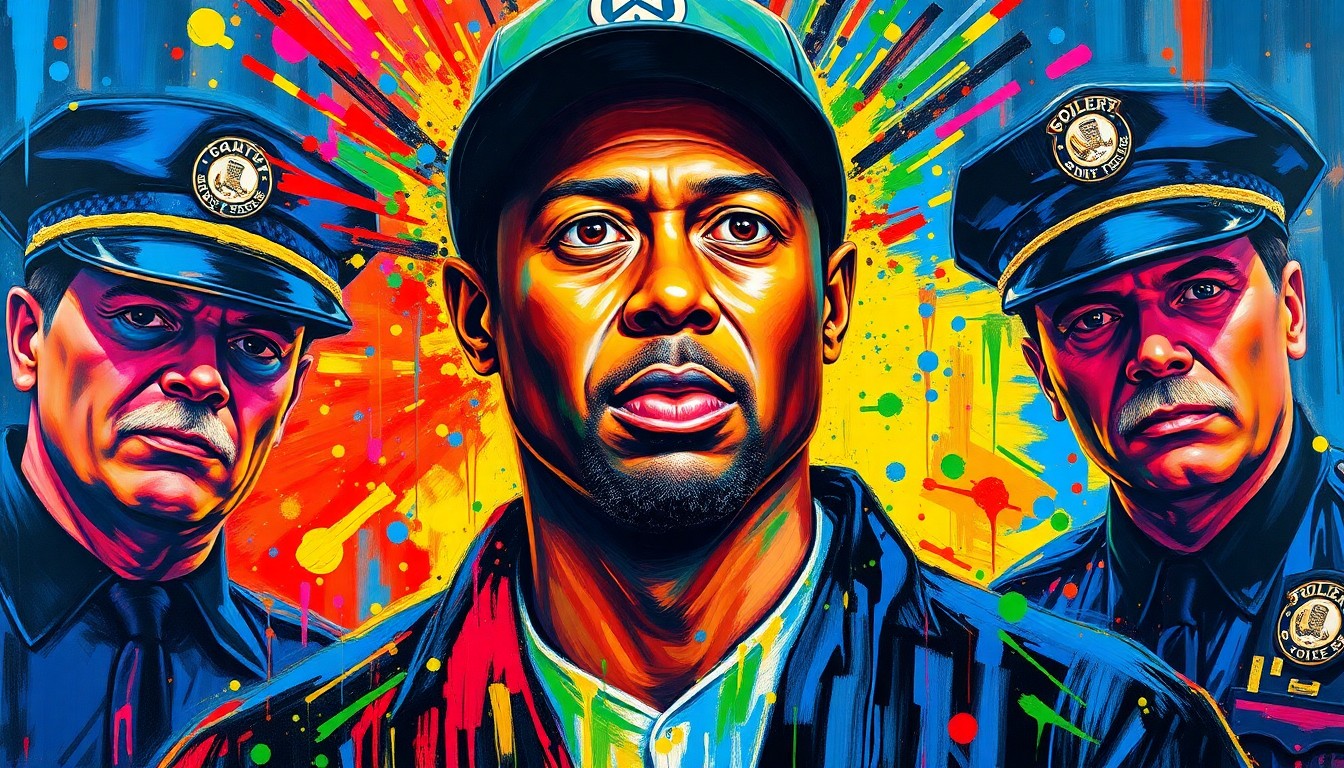 An extreme close-up of Tiger Woods' face, distorted and fragmented into abstract brushstrokes of neon orange, electric blue, and vivid green, conveying the raw emotion and tension of his arrest for suspected DUI.