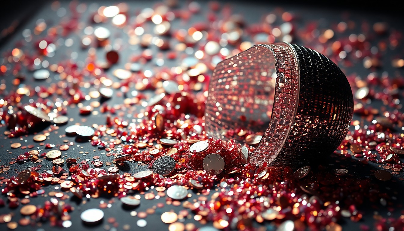 An abstract close-up of shimmering sequins and shattered glass, conveying the glamour and energy of a coming-of-age story.