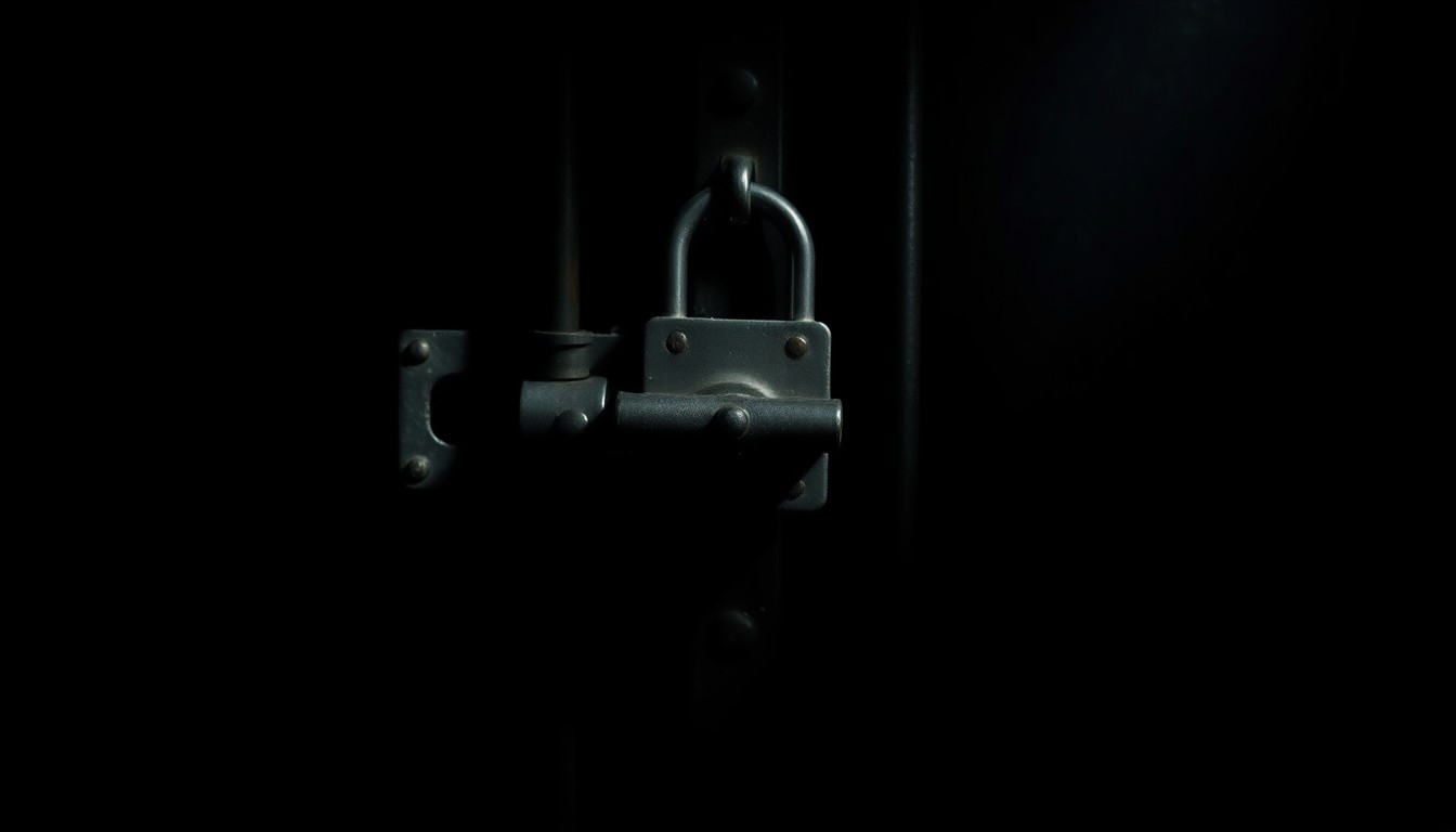 An extreme close-up of a metal lock on a prison cell door, the harsh flash illuminating the textured surface and creating a stark, gritty visual that conceptually represents the difficulties faced by detainees in challenging their confinement.