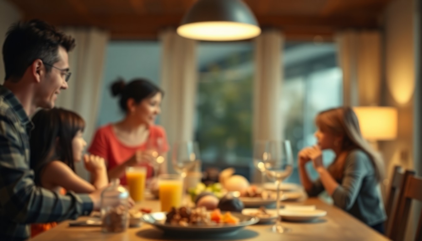A softly blurred, out-of-focus photograph in warm, muted tones depicting a family sharing a meal together, with the table and food items in the foreground and the background fading into abstract pools of light, conceptually representing the compassionate and dignified approach of the Restock Challenge.