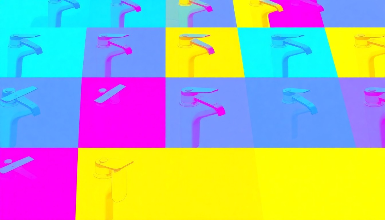 A bold, abstract grid of brightly colored bathroom faucet icons in neon shades, conceptually representing the essential fixtures and design elements of a bathroom renovation.