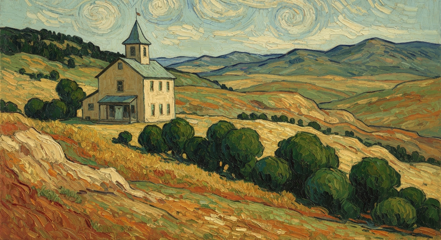 A heavily textured oil painting landscape depicting the Carter County Museum and surrounding natural scenery in muted earth tones, conceptually representing the museum's role as a gateway to the region's paleontological and historical heritage.