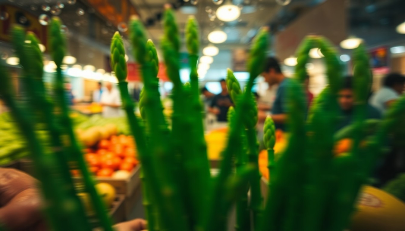 An impressionistic, out-of-focus scene of vibrant green asparagus spears, fresh fruits and vegetables, and blurred silhouettes of people, all captured in a warm, soft wash of color and light, conveying the lively atmosphere of a community farmers market.