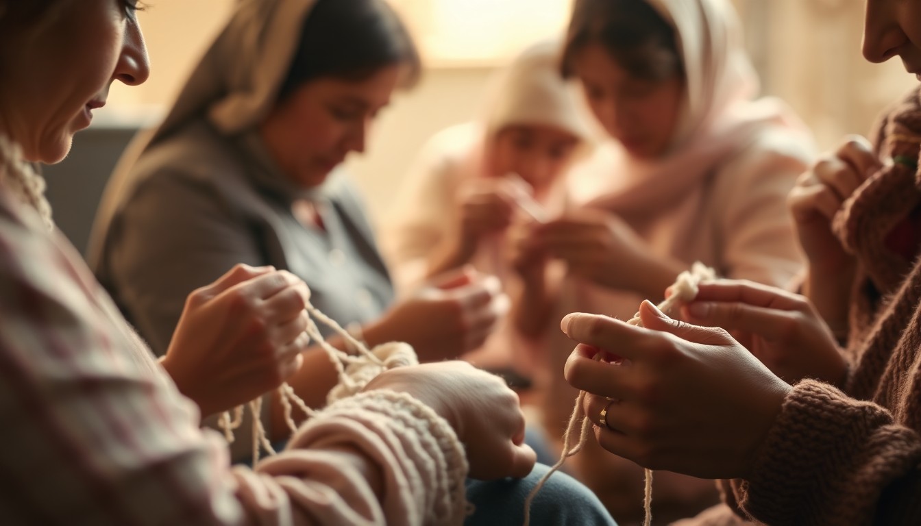 An abstract, out-of-focus photograph depicting the hands of several women engaged in the tasks of knitting and sewing, conveying a sense of community, dedication, and the quiet power of traditional domestic skills.