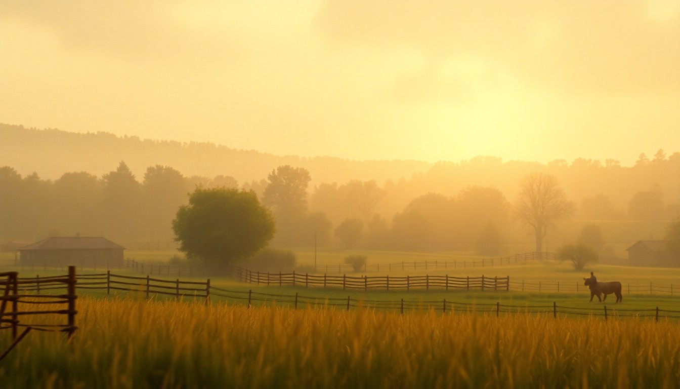 An extremely abstracted, out-of-focus photograph of a pastoral scene in soft pools of warm, golden light, conceptually representing the reflective mood of a small-town community mourning the loss of a beloved local figure.