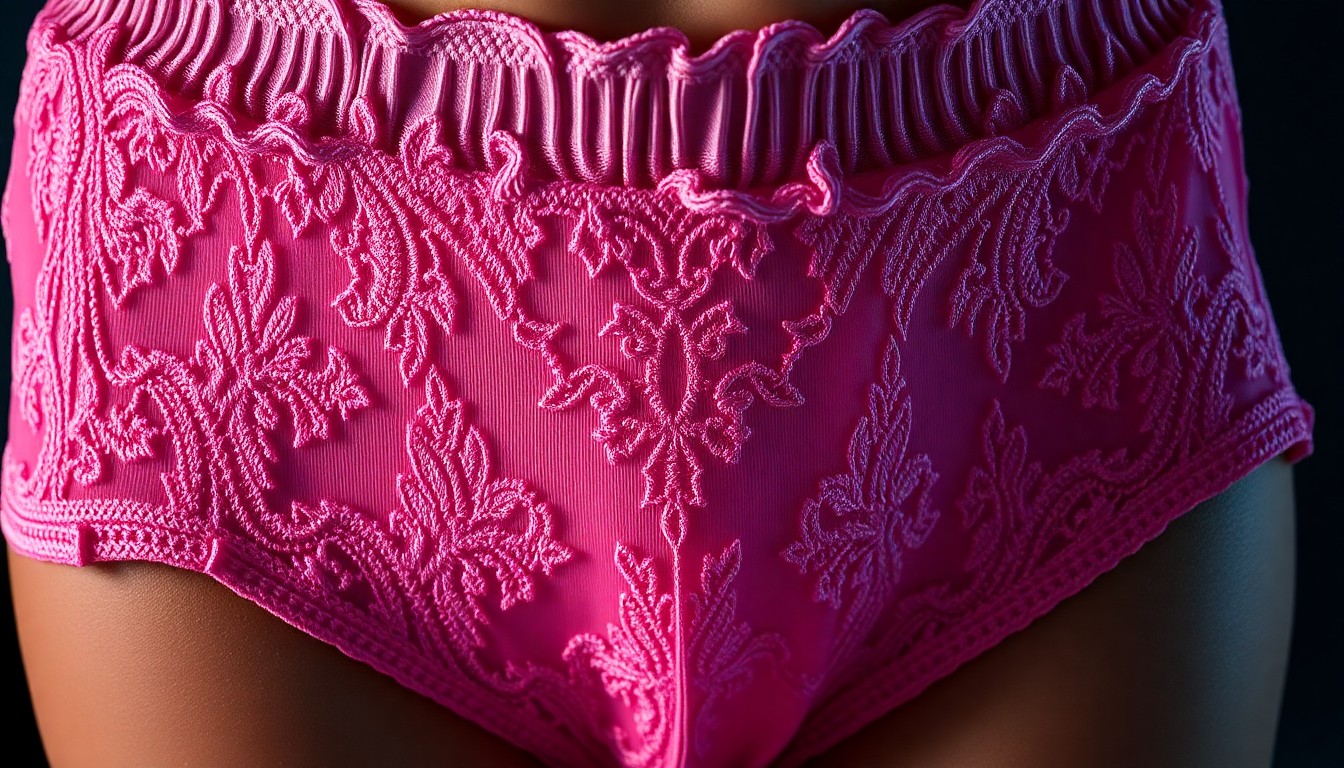 An extreme close-up photograph of delicate pink embroidered fabric in a high-contrast studio lighting setup, capturing the luxurious, glamorous texture of the custom underwear.