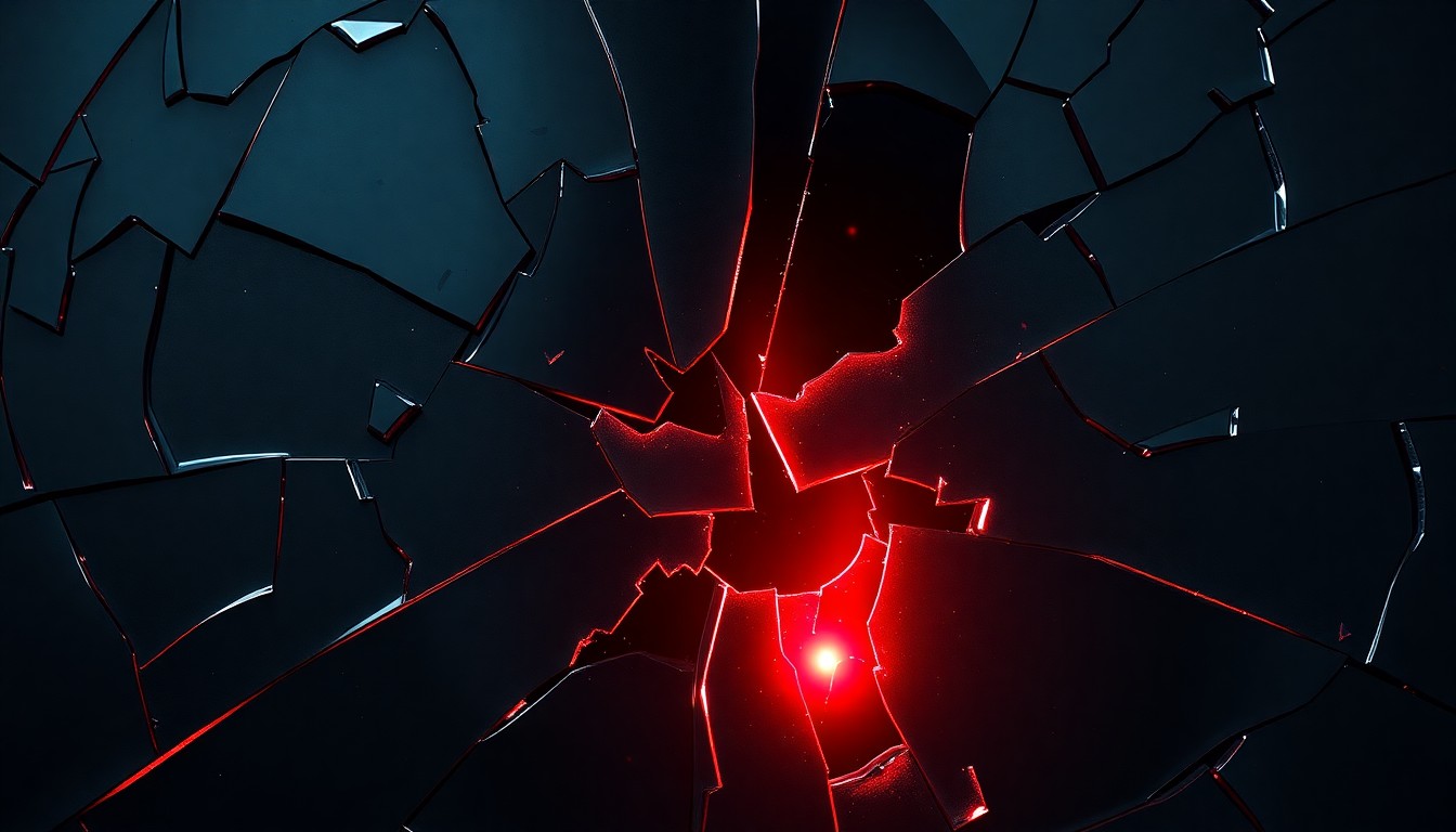 An abstract close-up photograph of a shattered, high-contrast surface with a subtle red glow, conveying a sense of emotional intensity and personal stakes within the world of 'The Batman'.