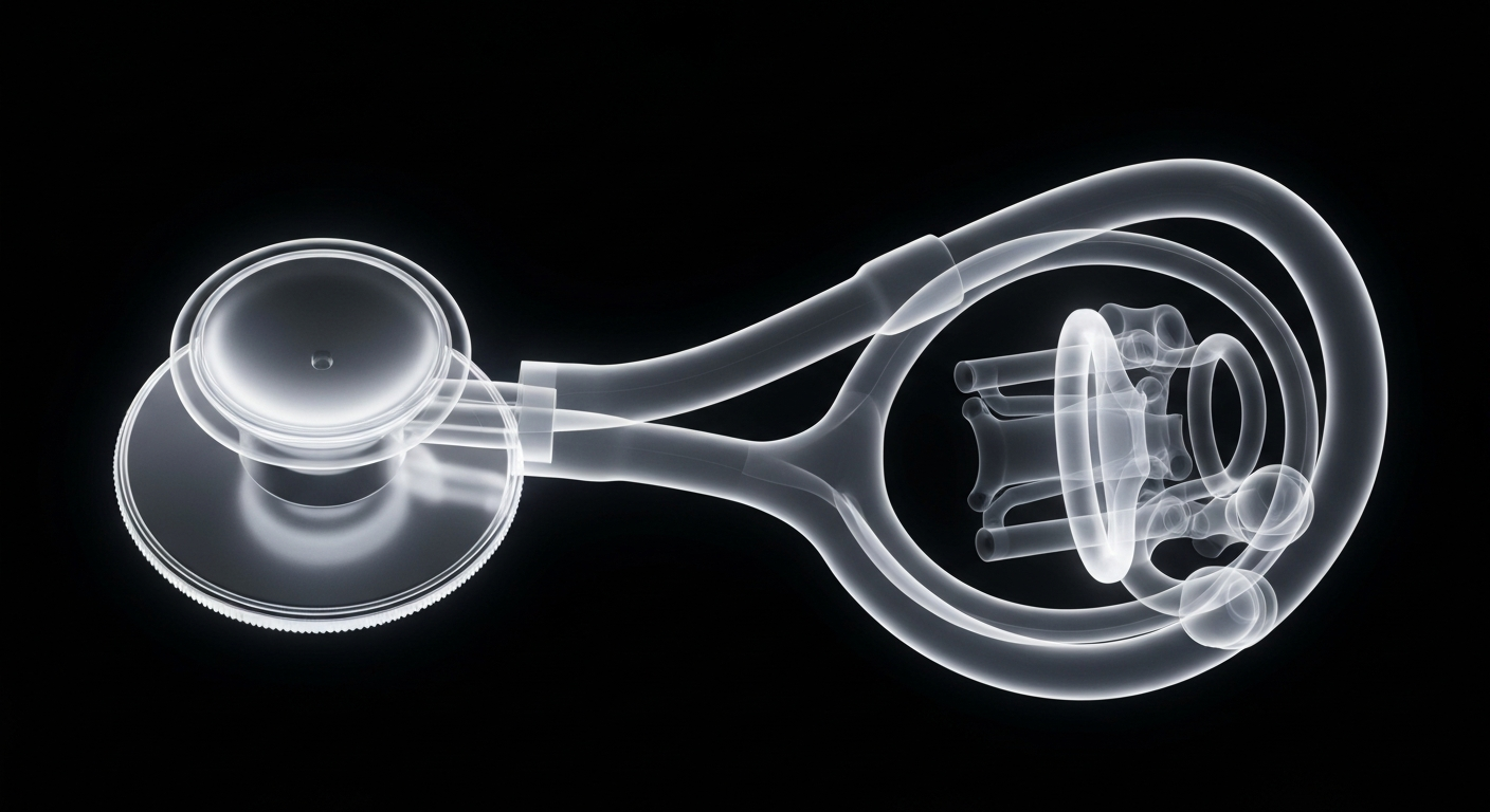 A translucent X-ray photograph of a stethoscope, its internal structure revealed as glowing lines against a dark background, symbolizing the advanced medical technology and expertise that the SJV PRIME+ program seeks to bring to the region.