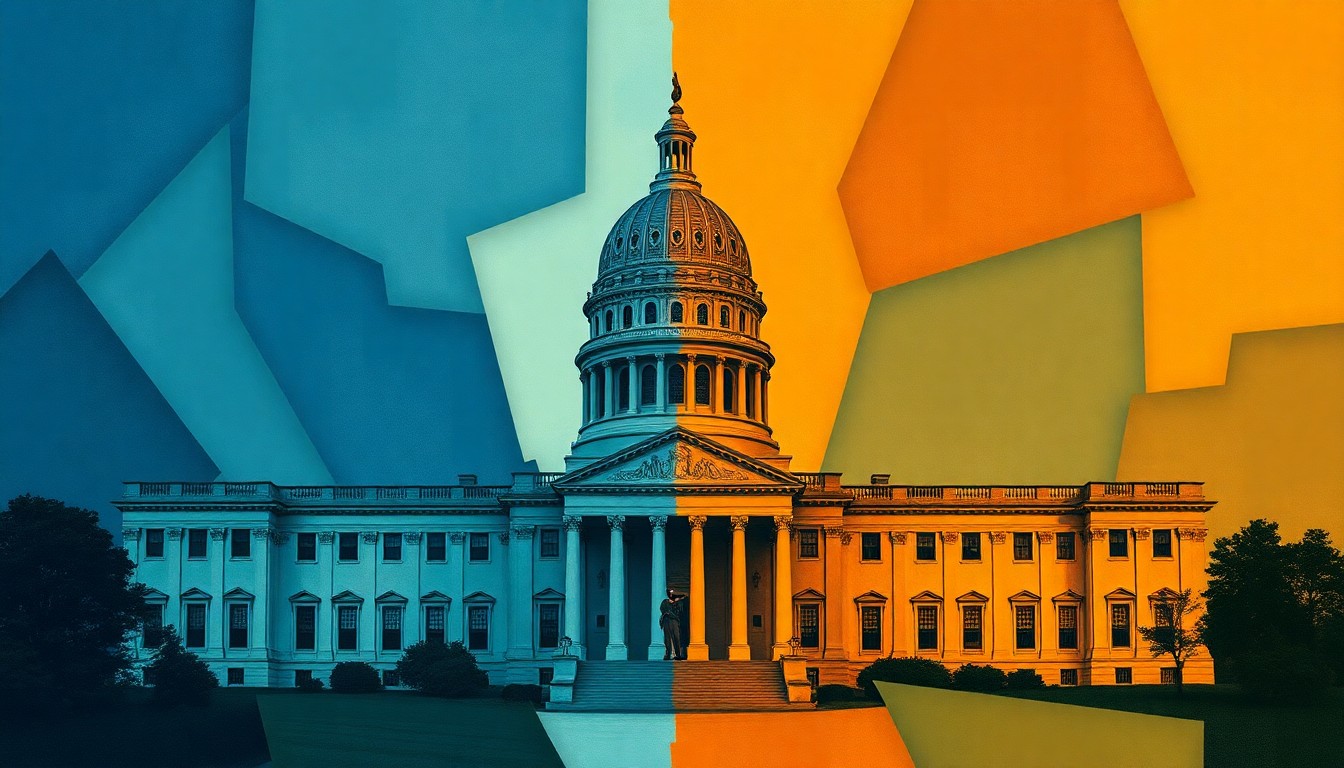 A highly abstract, fragmented painting depicting the Michigan state capitol building in overlapping geometric shapes and brushstrokes of deep blue, forest green, and burnt orange, creating a sense of political unrest and division.