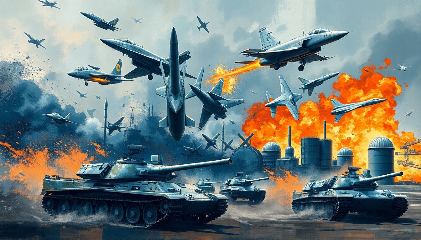 A vibrant, fragmented painting depicting military hardware in shades of blue, grey, and orange, conveying the conceptual tension between defense spending and social program funding.