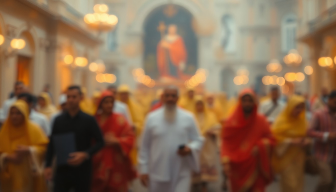 An abstract, impressionistic image of people walking in a religious procession, with soft, blurred shapes and pools of warm, colorful light, conveying a sense of reverence and community.