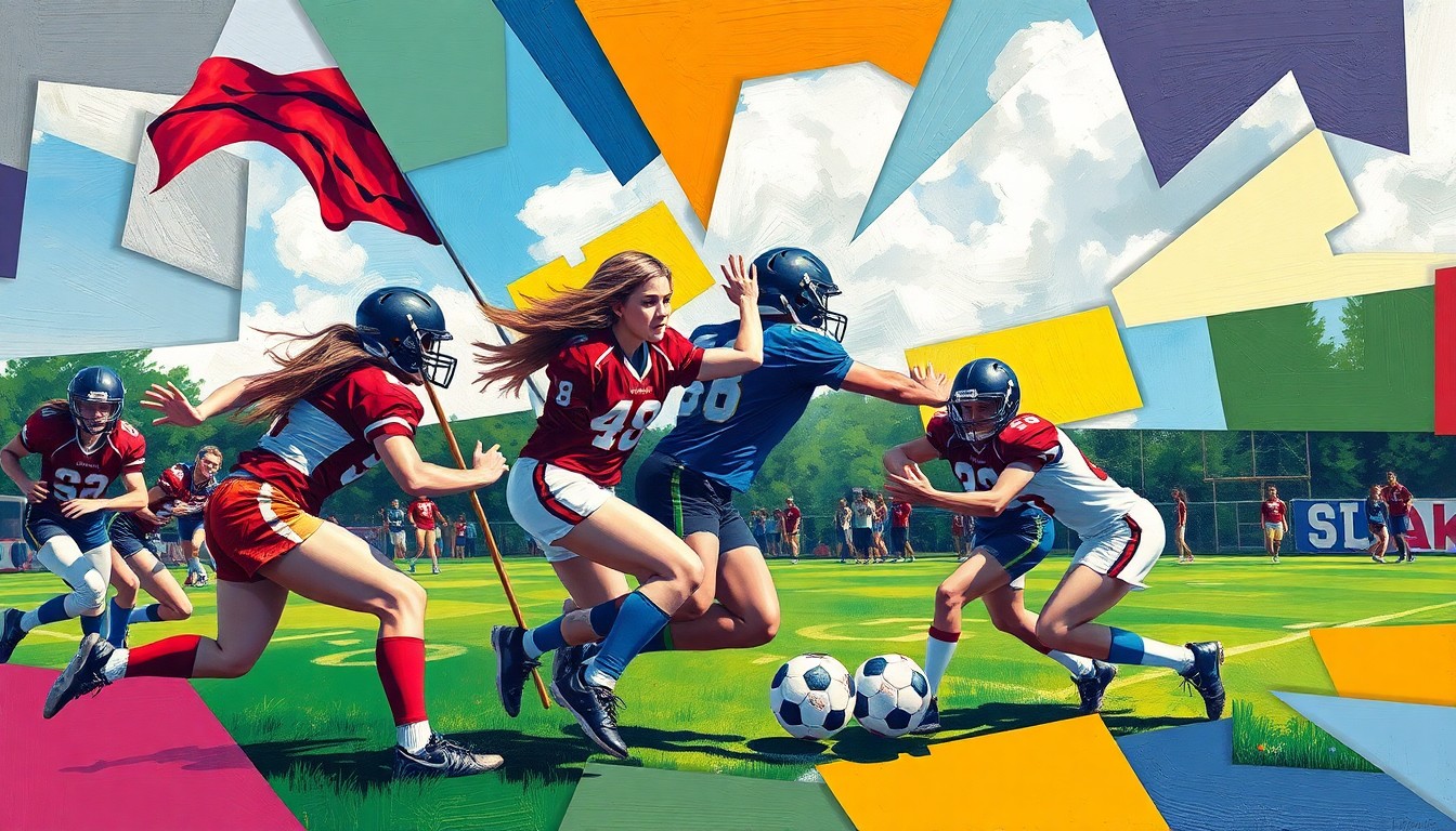 A fragmented, geometric painting depicting the action of a girls flag football game, with sharp planes of color representing the players and ball movement.
