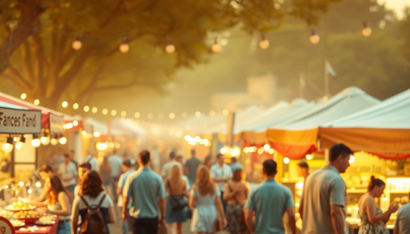An abstract, impressionistic photograph showing the blurred outlines of people, tents, and other festival elements in a warm, golden color palette, conveying the festive and inclusive atmosphere of the event.