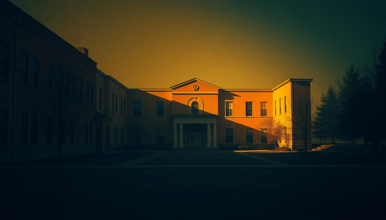 A serene, cinematic painting of a university campus building bathed in warm, golden light, with deep shadows casting an unsettling mood, conceptually representing the tensions surrounding antisemitism on college campuses.