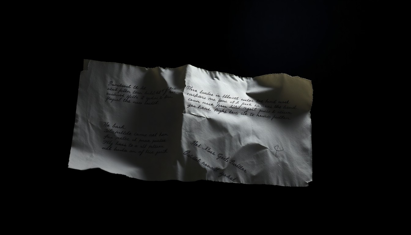 An extreme close-up of a crumpled, torn document with handwritten notes, conceptually illustrating the fraudulent misuse of pandemic relief funds.