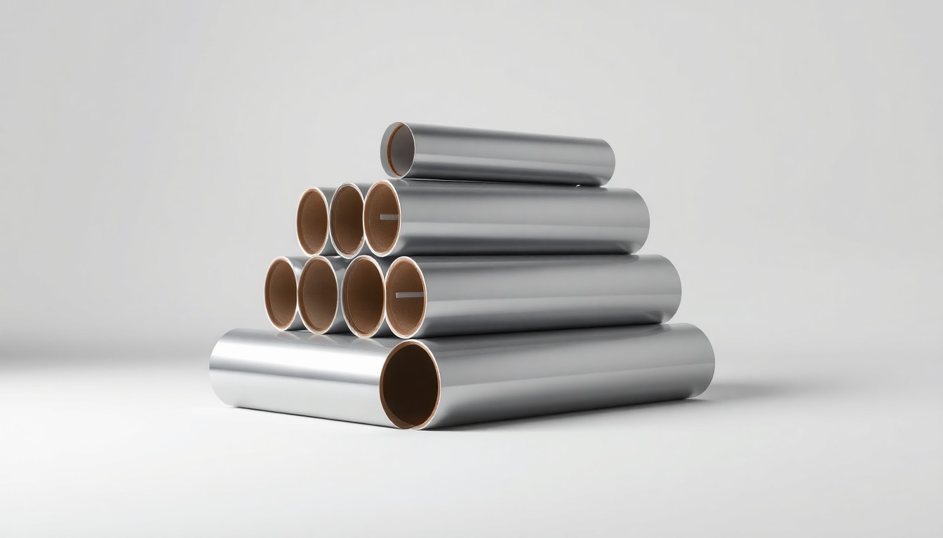 A photorealistic studio still life featuring a stack of polished aluminum stretch film rolls arranged elegantly on a clean, monochromatic background, conceptually representing the advanced engineering behind this new high-performance packaging solution.