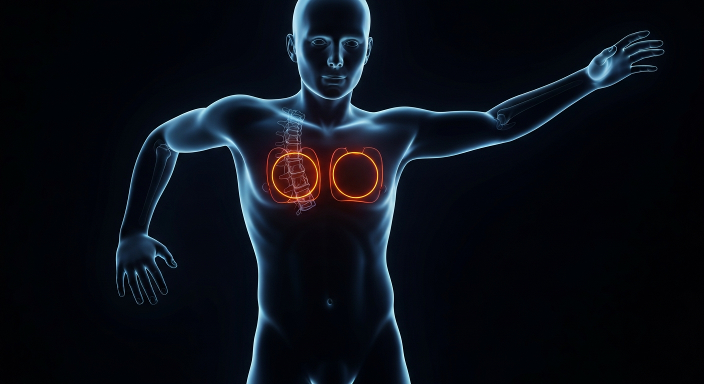 A glowing neon outline of a person's torso performing chest compressions, conveying the life-saving potential of hands-only CPR in a minimalist, energetic illustration.