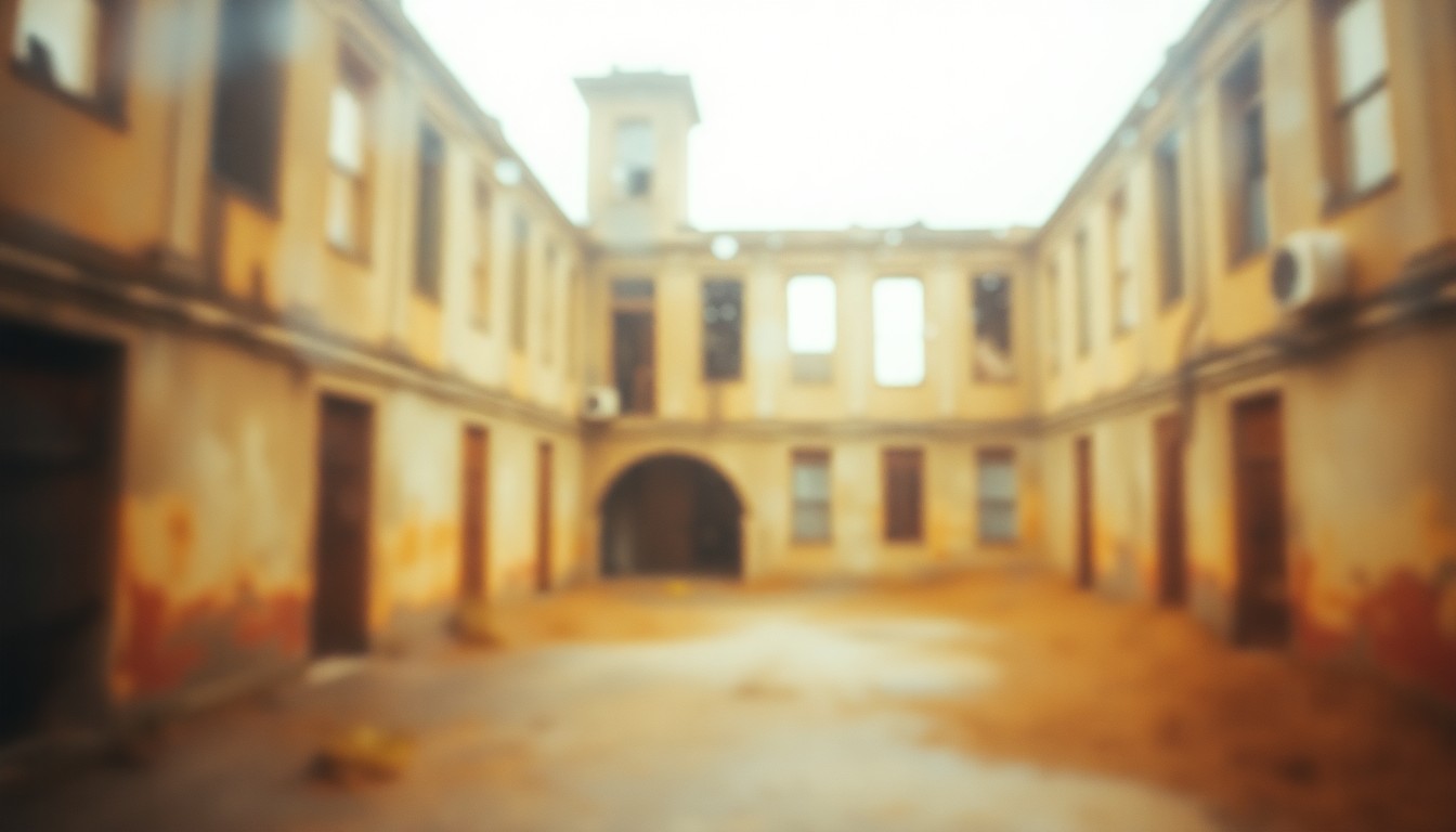 An extremely blurred and abstracted image of an abandoned, dilapidated building, with only hints of its form visible through the soft, warm, and hazy color palette, conveying a sense of melancholy and neglect.