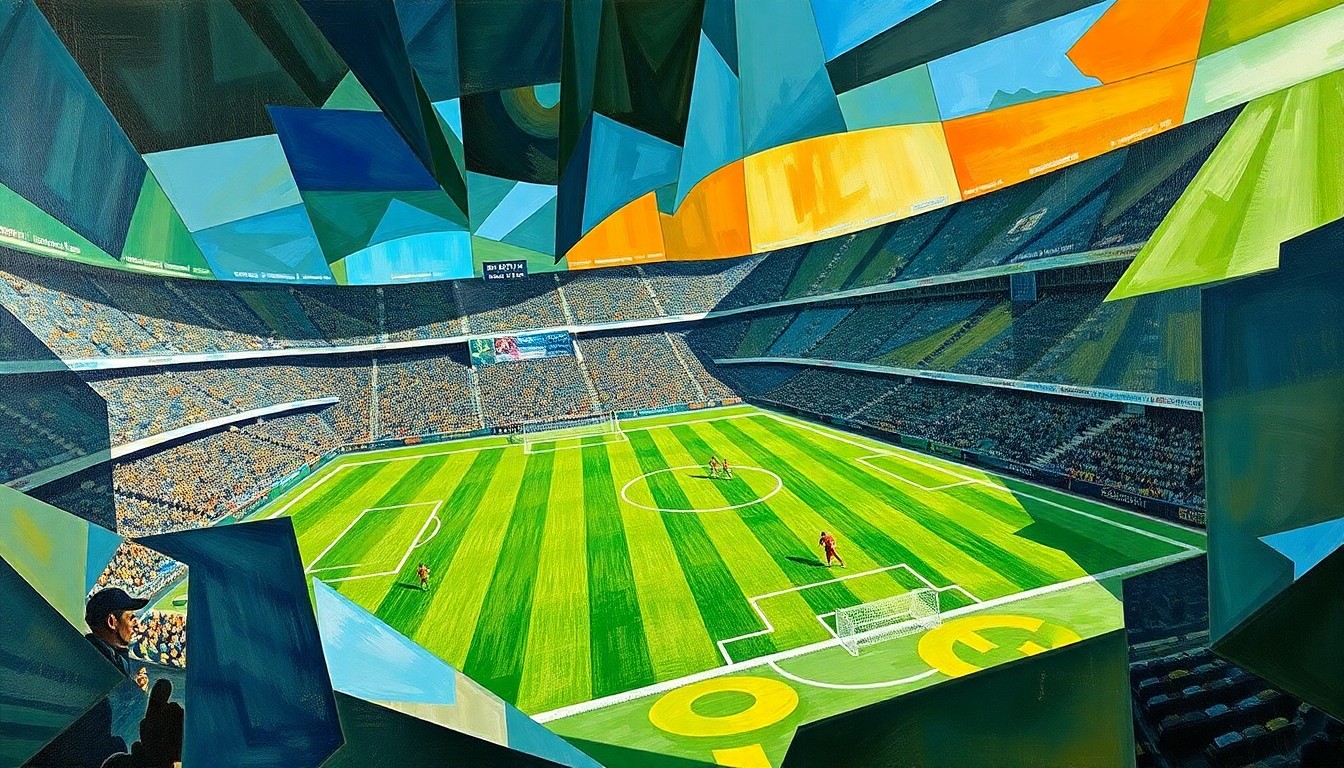 A cubist, geometric illustration depicting the fragmented action of a football game, with players and the field broken down into sharp, overlapping shapes and planes in a vibrant color palette.